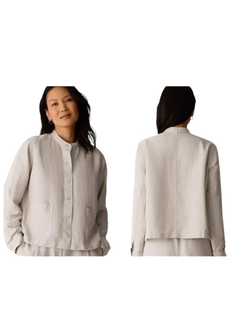Eileen Fisher Linen Viscose Blend Mandarin Collar Shirt Jacket Grey Size PS
